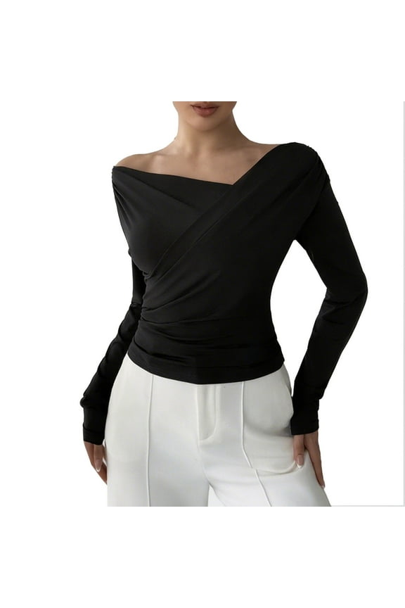 Women's Off Shoulder Wrap Long Sleeve Top Ruched Fashionable Party & Evening Wear Slimming Blouse for Dating Cocktail Events Black XXL