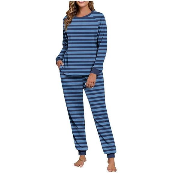 AINIYS Women's Pajama Sets Crewneck Casual 2Pcs Sleepwear Long Sleeve Pullover Tops Long Pants Striped Nightwear Light Blue Pajamas for Women _a M