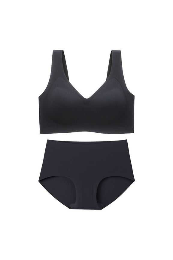 Women's Plus Size Seamless Bra and Panty Set No Show Lingerie Sets Comfortable Sports V Neck Bras Panty Thongs Sets Lightweight T-Shirt Bra Breathable Everyday Bras Sports Yoga Bra Black M