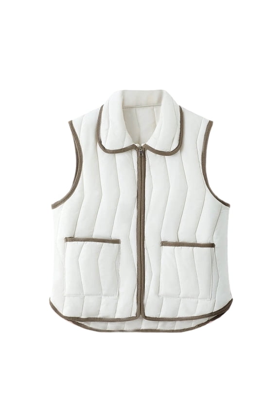 Women's Quilted Puffer Top Contrast Trim Zip-Up Warm Winter & Outdoor Wear Versatile Layering Jacket for Errands Outings White M