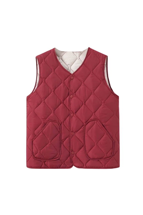 Women's Quilted Puffer Top Diamond Pattern Button-Front Warm Winter & Outdoor Wear Versatile Layering Jacket for Errands Outings Red L