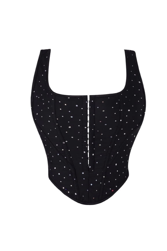 Women's Rhinestone Embellished Square Neck Corset Bustier Hook-and-Eye Shapewear Waist Cincher for Party Club Evening Formal Occasions Black M