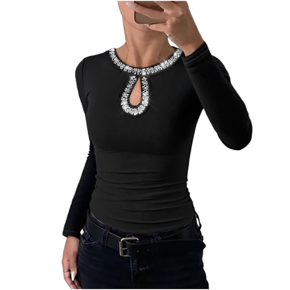 AINIYS Women's Rhinestone-Emished Keyhole Neck Long Sleeve Tops Stylish Basic Layering Evening Daily Wear Blouse Black XL