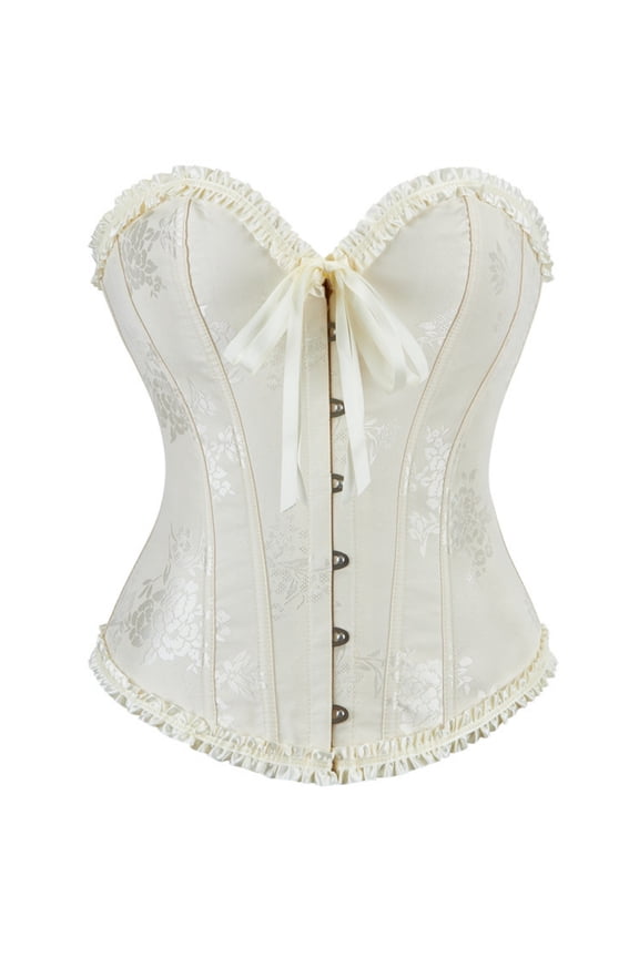 Women's Ruffled Bow-Front Embroidered Corset Bustier Vintage Shapewear Waist Trainer for Party Club Evening Romantic Occasions Beige M