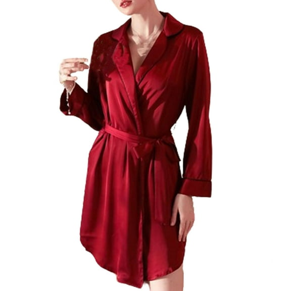 AINIYS Women's Satin Robe Silky Bathrobes Soft Lightweight Sleepwear Bride & Bridesmaid Wedding Party Bathrobe Short Kimono Gown Wine S