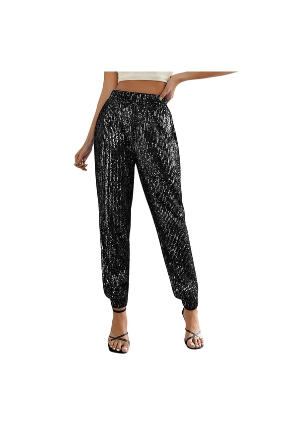 Women's Sequin Jogger Pants Elastic Waist Sparkly Glam Trousers for Party Nightclub Festival Fashion Events Black L
