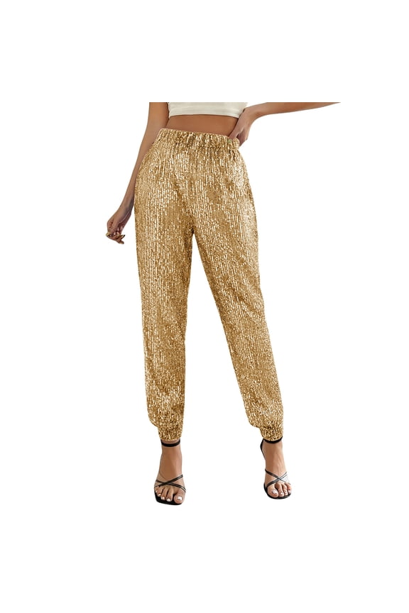 Women's Sequin Jogger Pants Elastic Waist Sparkly Glam Trousers for Party Nightclub Festival Fashion Events Gold L