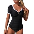 thumbnail image 1 of AINIYS Women's Short Sleeve 1-Piece Swimsuit Contrast Trim Design Scoop Neck Dry Fabric Tropical Holiday Beach Getaway Pool Leisure Outfit Black M, 1 of 7