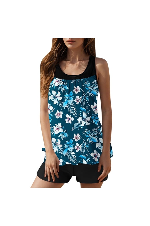 Women's Sleeveless Swim Blouse Set Relaxed Hem Pattern Soft Fabric Beach Getaway Pool Day Summer Casual Attire Light Blue M