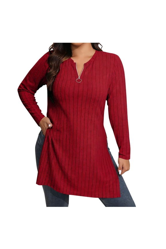 Women's Split V-Neck Long Sleeve Rib Knit Tunic Tops Comfortable Basic Layering Casual Daily Wear Blouse Red XXL