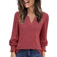 thumbnail image 1 of AINIYS Women's Split V-Neck Rib-Knit Ruffled Cuff Sweater Classic Cozy Layering Casual Daily Wear Blouse Wine L, 1 of 9