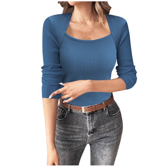 AINIYS Women's Square Neck Rib Knit Sweater Stylish Basic Layering Casual Daily Wear Blouse Blue S