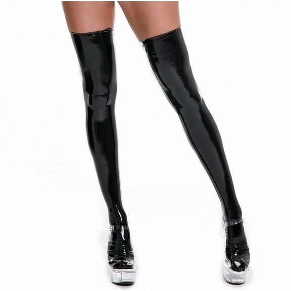 AINIYS Women's Thigh High Shiny Wet Look Stockings Faux Patent Leather Over Knee Long Socks Long Faux Leather Gloves Socks Black M