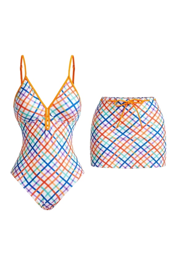 Women's Three Piece Swim Set Plaid Pattern Tank Top Bottom Cover Up Breathable Fabric Beach Resort Pool Party Summer Leisure Outfit Orange S
