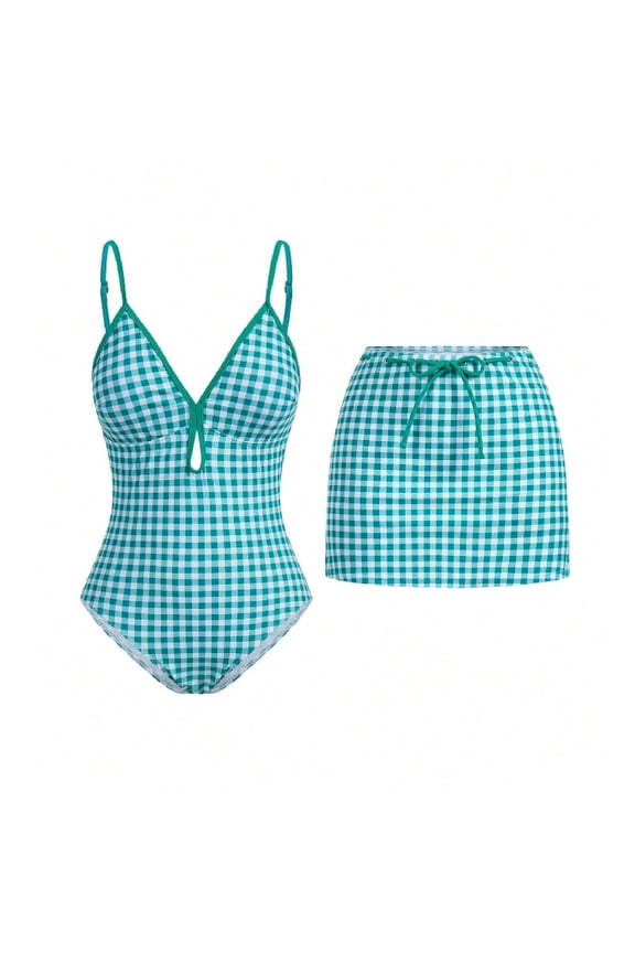 Women's Two Piece Swim Set Gingham Pattern Swimsuit Bottom Dry Fabric Tropical Holiday Beach Getaway Pool Leisure Wear Green M