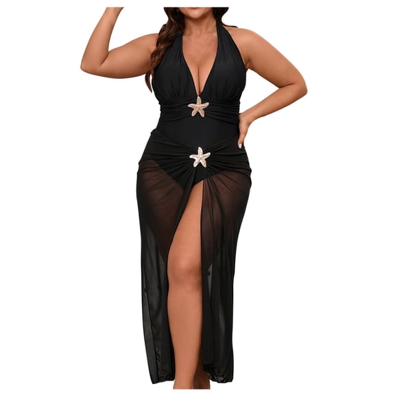 AINIYS Women's Two Piece Swim Set Sheer Long Cover Up Halter Top High Waisted Bottom Lightweight Material Beach Resort Pool Party Evening Leisure Outfit Black XXL