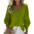 thumbnail image 1 of AINIYS Women's V-Neck -Knit Lantern Sleeve Oversized Sweater Stylish Basic Layering Casual Daily Wear Blouse Green S, 1 of 3
