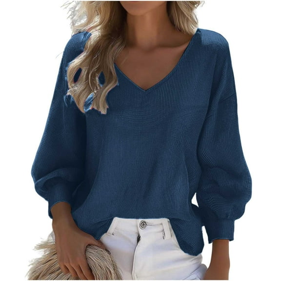 AINIYS Women's V-Neck -Knit Lantern Sleeve Oversized Sweater Stylish Basic Layering Casual Daily Wear Blouse Navy L