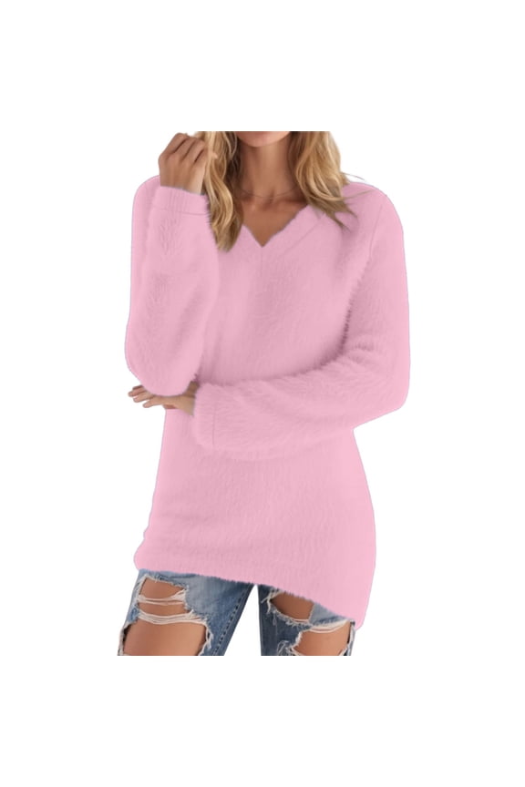 Women's V-Neck Long Sleeve Fuzzy Knit Asymmetric Tunic Tops Cozy Basic Layering Casual Daily Wear Blouse Pink L