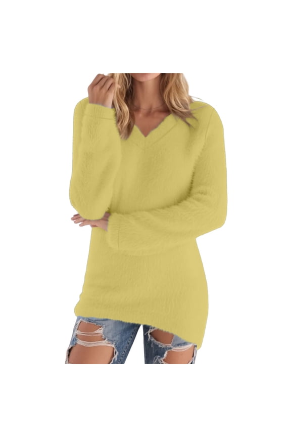 Women's V-Neck Long Sleeve Fuzzy Knit Asymmetric Tunic Tops Cozy Basic Layering Casual Daily Wear Blouse Yellow XXS