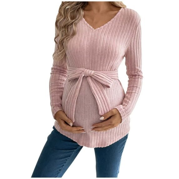 AINIYS Women's V-Neck Long Sleeve Rib Knit Tie-Waist Maternity Sweater Comfortable Basic Layering Pregnancy Daily Wear Blouse Pink XL