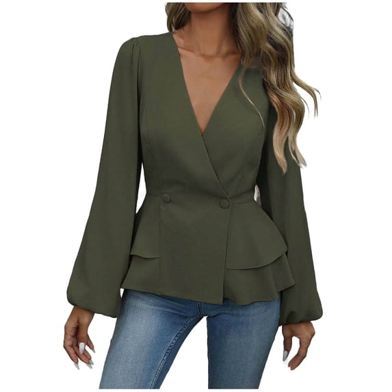AINIYS Women's V-Neck Peplum Blazer Tops Elegant Basic Layering Office Party Casual Daily Wear Blouse Army Green L