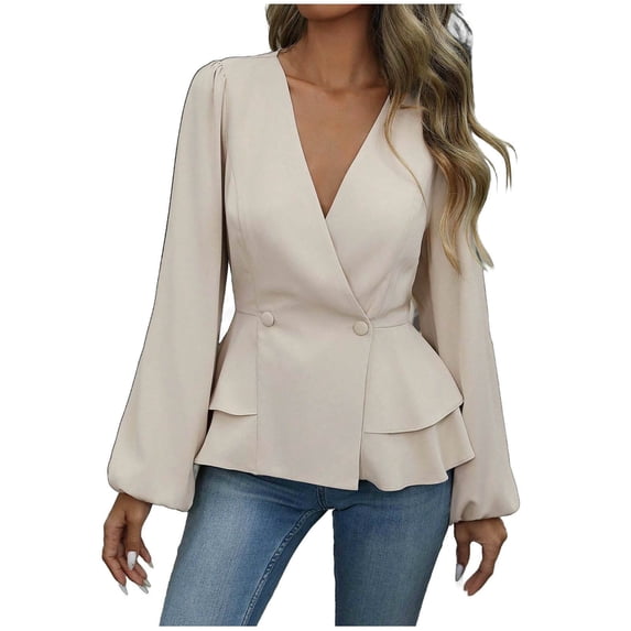AINIYS Women's V-Neck Peplum Blazer Tops Elegant Basic Layering Office Party Casual Daily Wear Blouse Beige XL