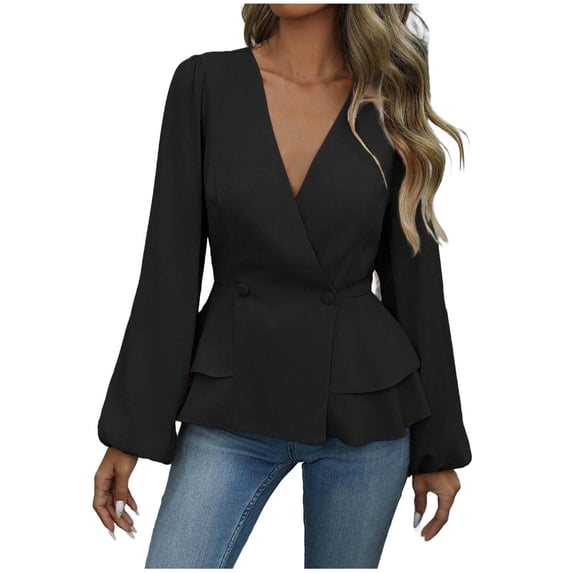 AINIYS Women's V-Neck Peplum Blazer Tops Elegant Basic Layering Office Party Casual Daily Wear Blouse Black S