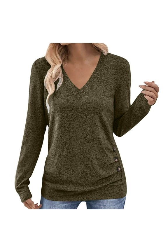 Women's V-Neck Side Button-Accent Tunic Tops Casual Basic Layering Daily Wear Blouse Army Green L