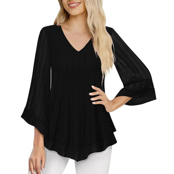 AINIYS Women's V-Neck Sleeve Glitter Pleated Tops Elegant Basic Layering Party Casual Daily Wear Blouse Black S