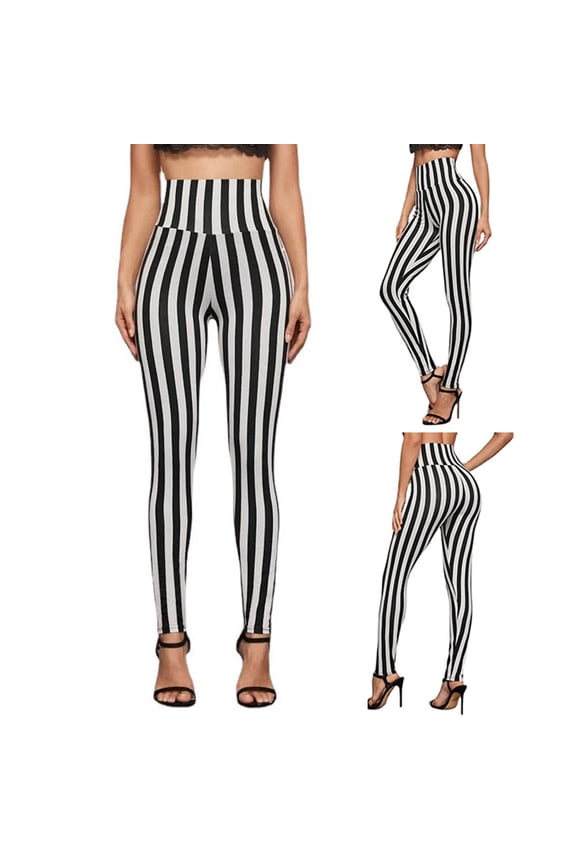 Women's Vertical Striped Legging Pants Ankle Length Stretchy Striped Pants Tights High Waist Elastic Leggings Pant White L