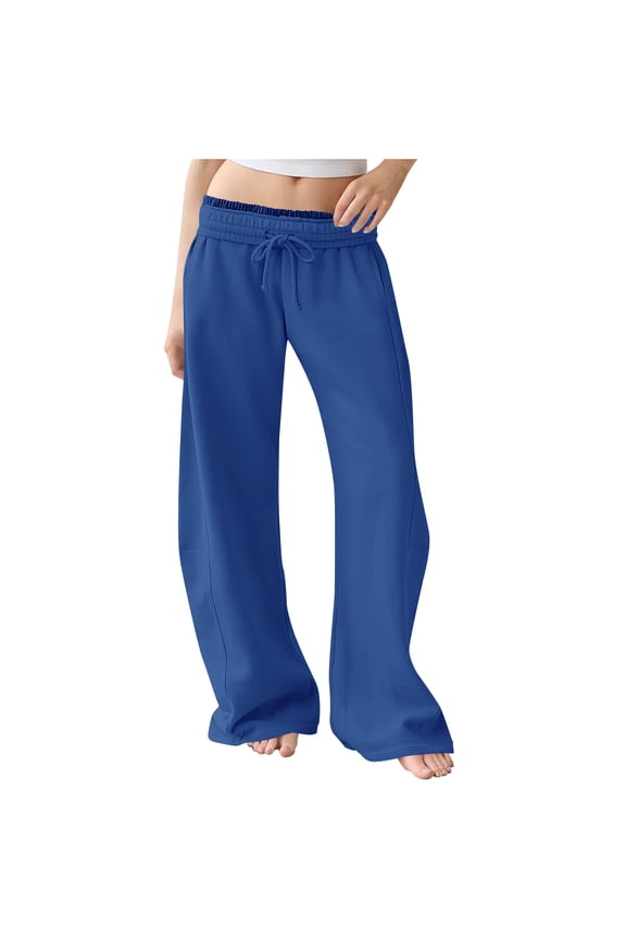 Women's Wide Leg Sweatpants Elastic High Waist Drawstring Straight Leg Comfy Pants Teen Girl Baggy Sweatpants with Pockets Blue S
