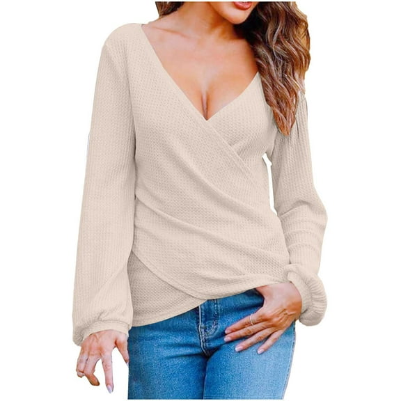 AINIYS Women's Wrap V-Neck -Knit Lantern Sleeve Tops Stylish Flattering Layering Casual Daily Wear Blouse Beige M
