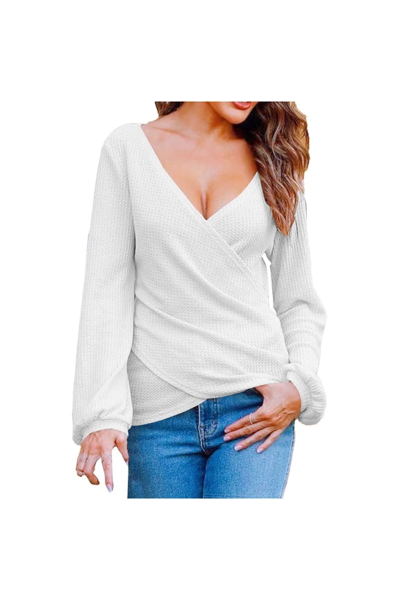 Women's Wrap V-Neck -Knit Lantern Sleeve Tops Stylish Flattering Layering Casual Daily Wear Blouse White L