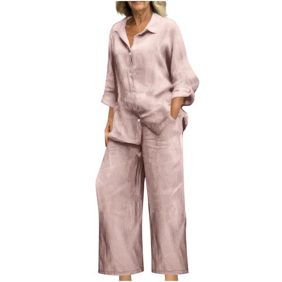 AINIYS Womens 2 Piece Linen Sets Plus Size Loungewear Outfits Long Sleeve Button Up Shirts Wide Leg Pants with Pockets Fall Outfits Pink XXXXXL
