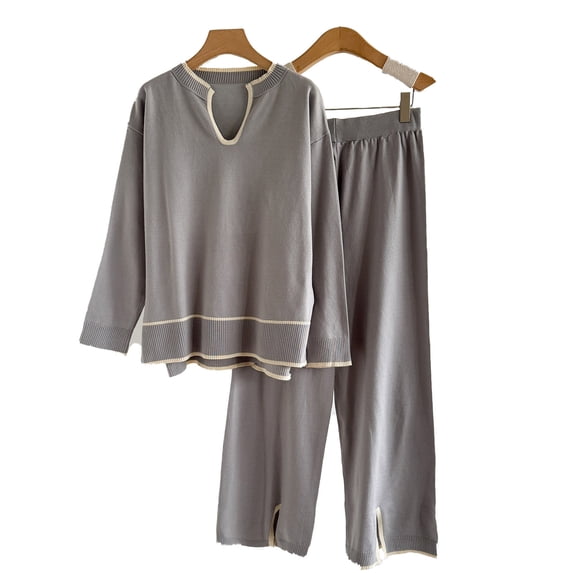 AINIYS Womens 2 Piece Outfits Loungewear Sets V Neck Solid Color Pullover Knit Sweaters Wide Leg Pants Matching Sweatsuit Set Gray Free Size