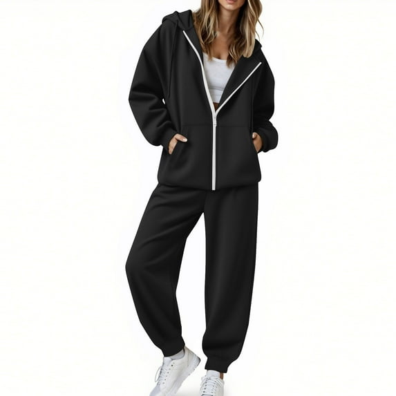 AINIYS Womens 2 Piece Outfits Solid Color Oversized Full Zip Up Hoodie Sweatshirt Coat and Joggers Sweatpants Sets Tracksuit with Pockets Black M