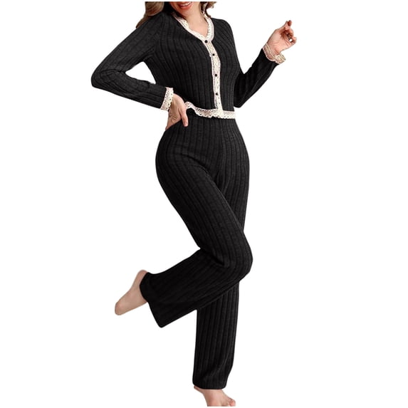 AINIYS Womens 2 Piece Pajama Sets Fall Ribbed Solid Color Loungewear Set Fleece Long Sleeve V Neck Lace Pjss Fall Trendy Outfits Black XL