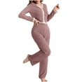thumbnail image 1 of AINIYS Womens 2 Piece Pajama Sets Fall Ribbed Solid Color Loungewear Set Fleece Long Sleeve V Neck Lace Pjss Fall Trendy Outfits Pink S, 1 of 4