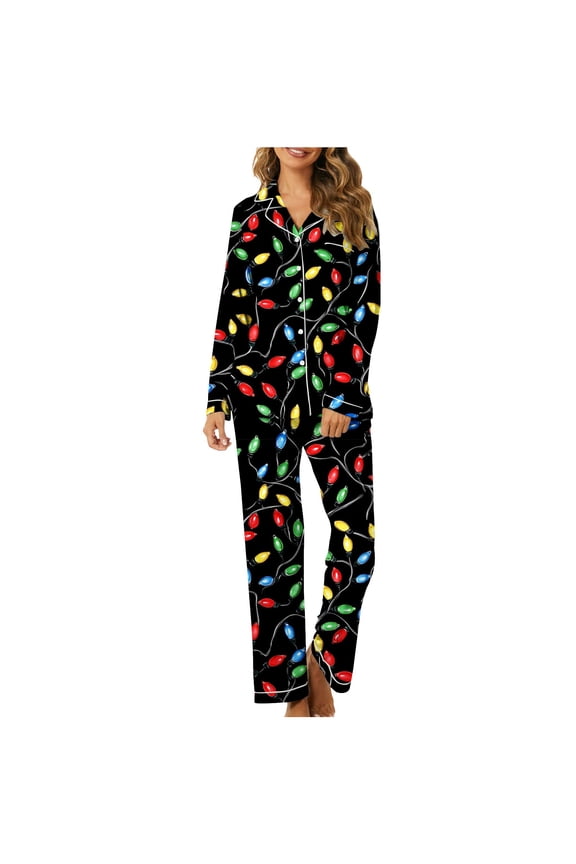 Womens Christmas Santa Claus Graphic Pajamas Set Long Sleeve Button Up Ladies Sleepwear Two Piece Xmax Nightwear Soft Pjs Lounge Sets Multicolor M