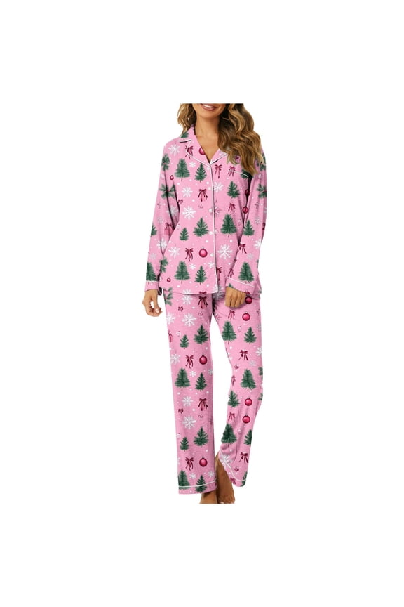 Womens Christmas Santa Claus Graphic Pajamas Set Long Sleeve Button Up Ladies Sleepwear Two Piece Xmax Nightwear Soft Pjs Lounge Sets Multicolor L