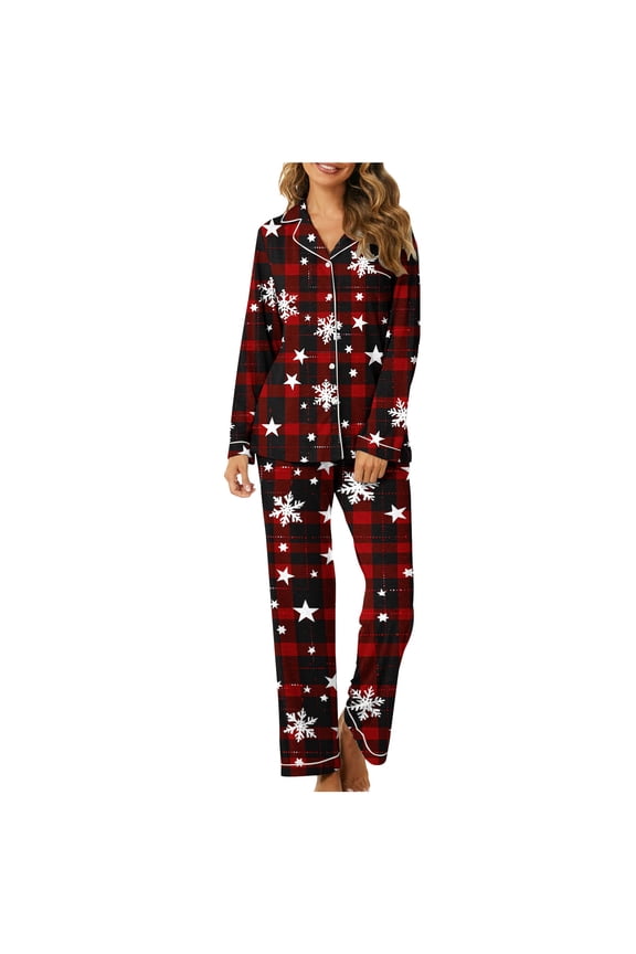 Womens Christmas Santa Claus Graphic Pajamas Set Long Sleeve Button Up Ladies Sleepwear Two Piece Xmax Nightwear Soft Pjs Lounge Sets Red M