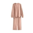 thumbnail image 1 of AINIYS Womens' Fall Winter Casual V Neck Sweater Knitted Loungewear 2 Piece Outfits Waist Loose Wide Leg Pants Set Pink Free Size, 1 of 3