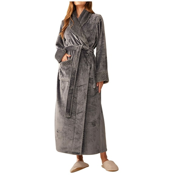AINIYS Womens Long Fleece Robe - Warm Soft Floor Length Flannel Bathrobes Full Length for Winter Thicker Long House Coat with Pockets Gray M