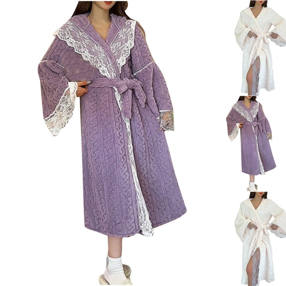 AINIYS Womens Long Velvet Bathrobe Solid Color Lace Hooded Flannel Robe Cozy Winter Sleepwear Loose Thick Warm Homewear White L