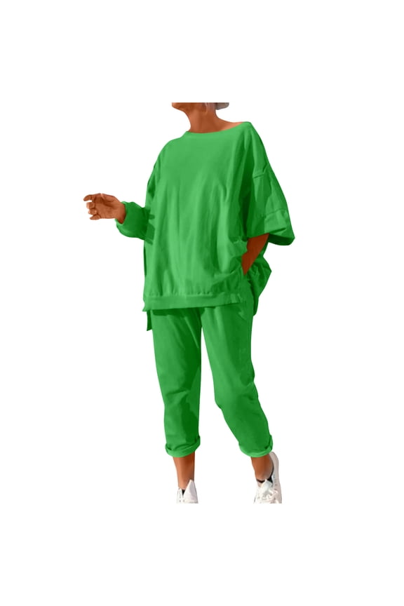 Womens Oversized 2 Piece Outfits Sweatsuit Solid Long Sleeve Crewneck Sweatshirts Casual Shorts Fall Loungewear Sets Green XXXL