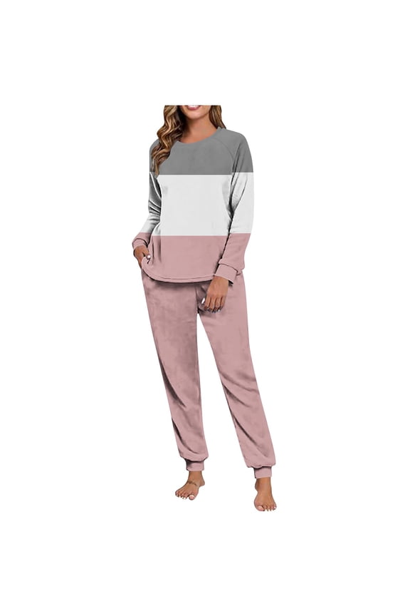 Womens Pajamas 2 Piece Sets Long Sleeve Crewneck Pjs Soft Color Block Sleepwear Casual Loungewear Sets Hot Pink Pajamas for Women _c M