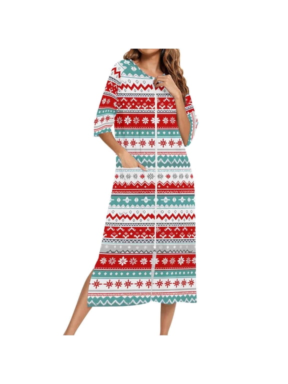 Womens Pajamas Long 3/4 Sleeve Crewneck Xmas Print Robe Hem Split Christmas Graphy sequins Long Pajamas Dress Multicolor XXL