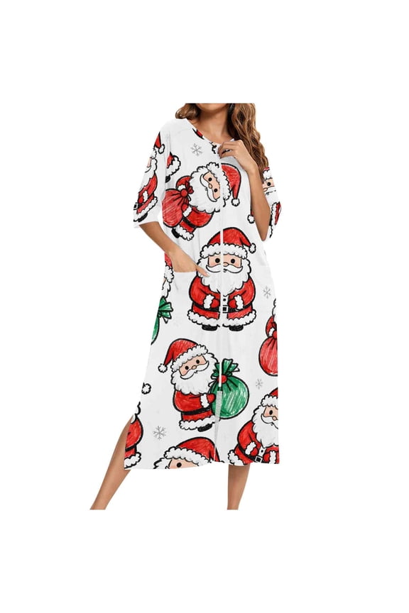 Womens Pajamas Long 3/4 Sleeve Crewneck Xmas Print Robe Hem Split Christmas Graphy sequins Long Pajamas Dress White M