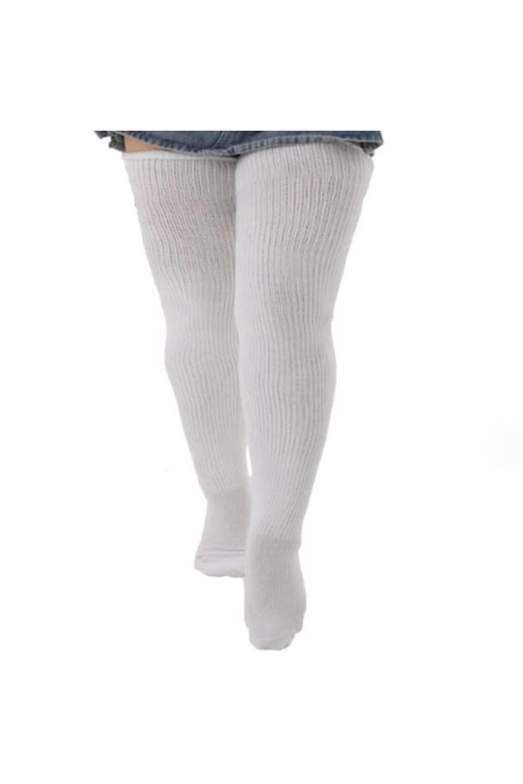Womens Plus Size Thigh High Socks for Thick Thighs Extra Long Over Knee Stockings with Thigh Garter Warmer Boot Socks White Free Size